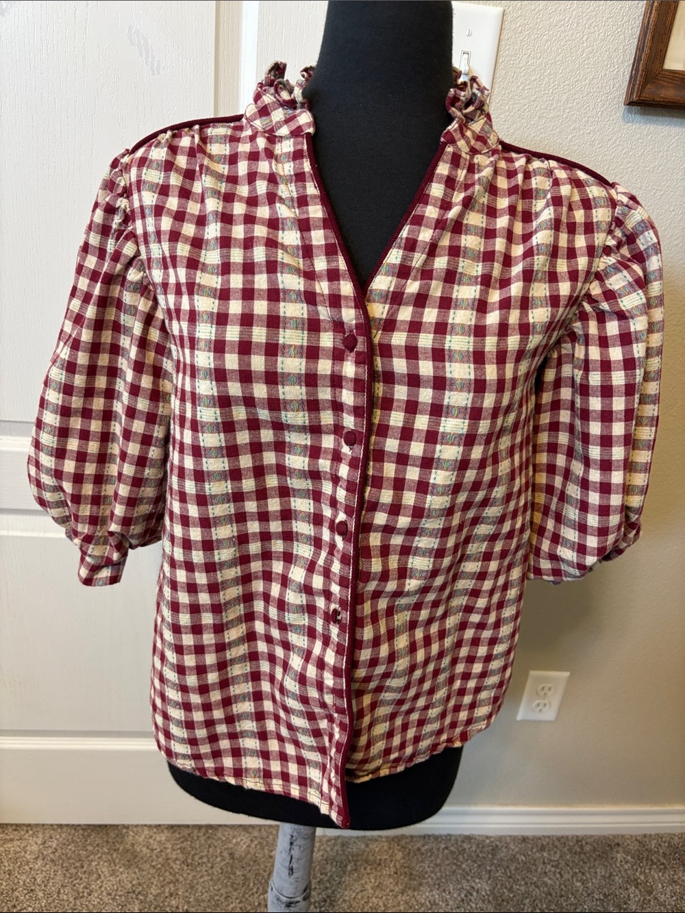 Ruffle-Neck Burgundy & Cream Gingham Button Blouse